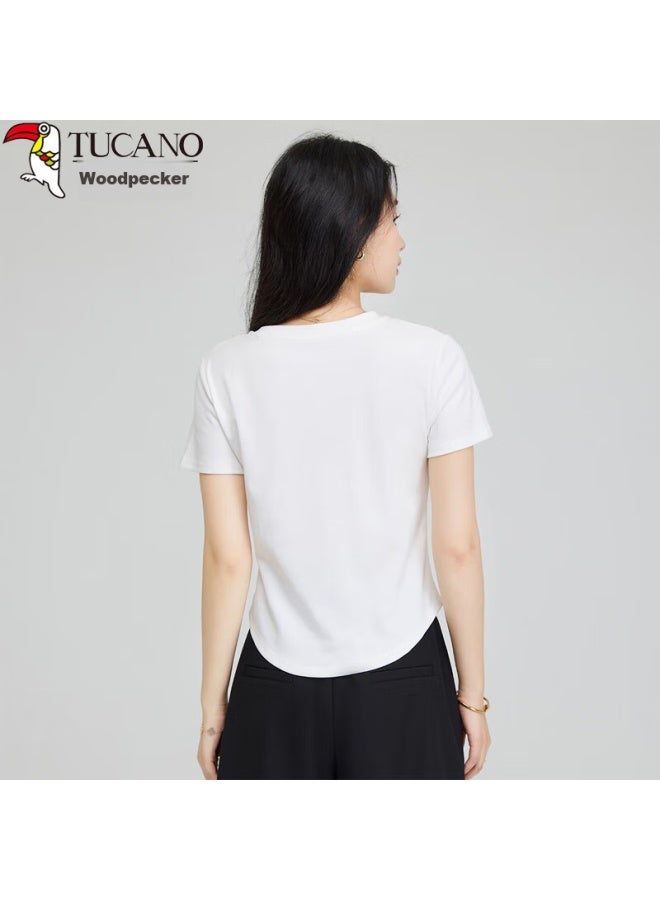 WOODPECKER Wood Short-sleeve T-shirt For Women, Summer Solid Color Versatile Round Neck Curved Hem Slim-fit Regular Shoulder Top, White, 2XL - Image 4