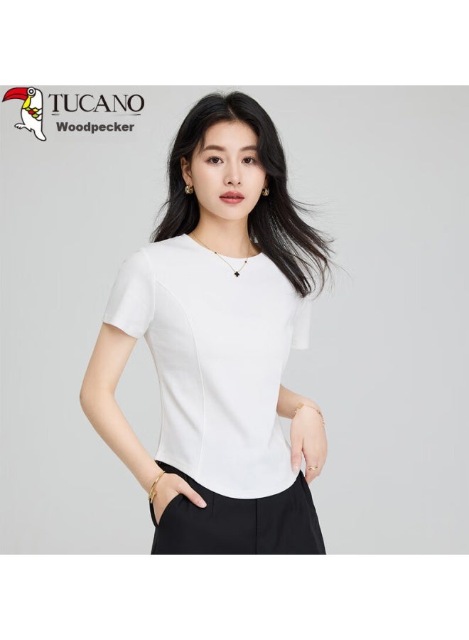 WOODPECKER Wood Short-sleeve T-shirt For Women, Summer Solid Color Versatile Round Neck Curved Hem Slim-fit Regular Shoulder Top, White, 2XL - Image 2