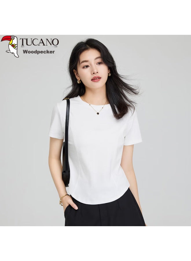 WOODPECKER Wood Short-sleeve T-shirt For Women, Summer Solid Color Versatile Round Neck Curved Hem Slim-fit Regular Shoulder Top, White, 2XL - Image 3