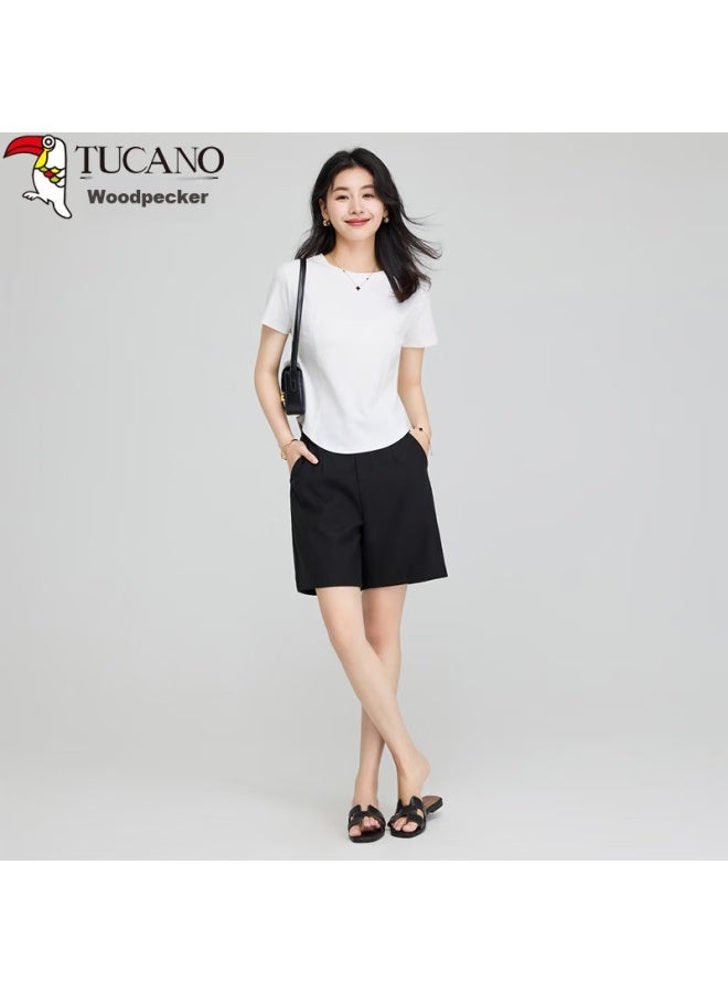 WOODPECKER Wood Short-sleeve T-shirt For Women, Summer Solid Color Versatile Round Neck Curved Hem Slim-fit Regular Shoulder Top, White, 2XL - Image 5