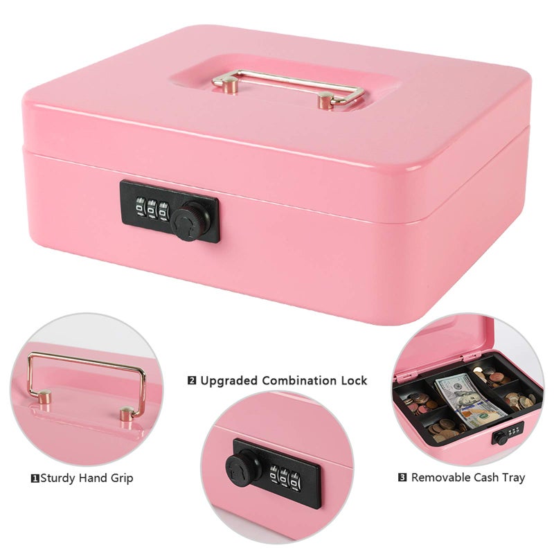 xydled Steel Cash Box Safe with Combination Lock,Money Safe Box with Removable Coin Tray,Large,9.84"x 7.87"x 3.54",Pink - Image 4
