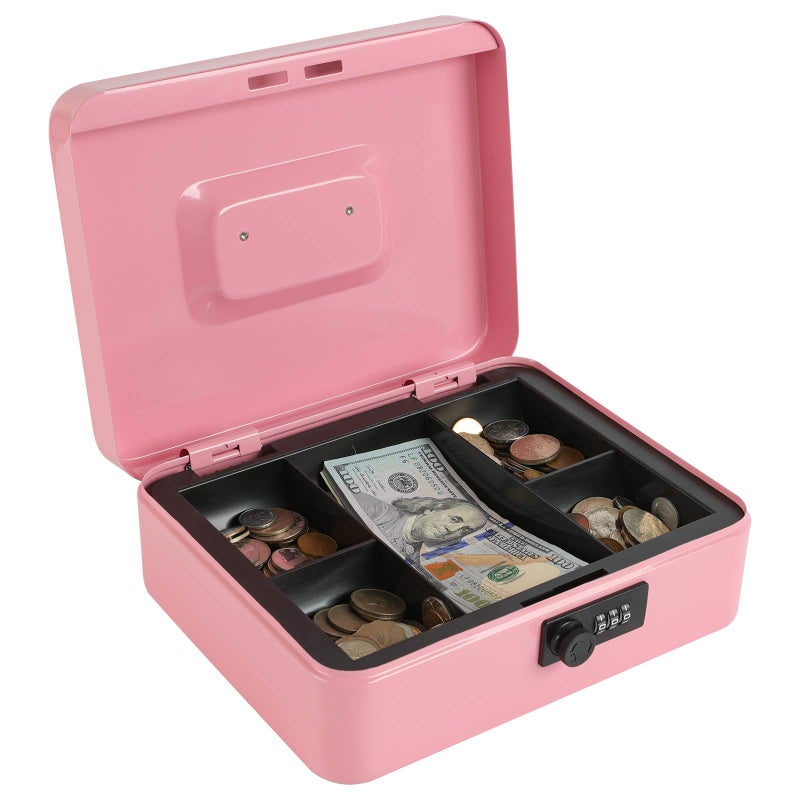 xydled Steel Cash Box Safe with Combination Lock,Money Safe Box with Removable Coin Tray,Large,9.84"x 7.87"x 3.54",Pink - Image 1