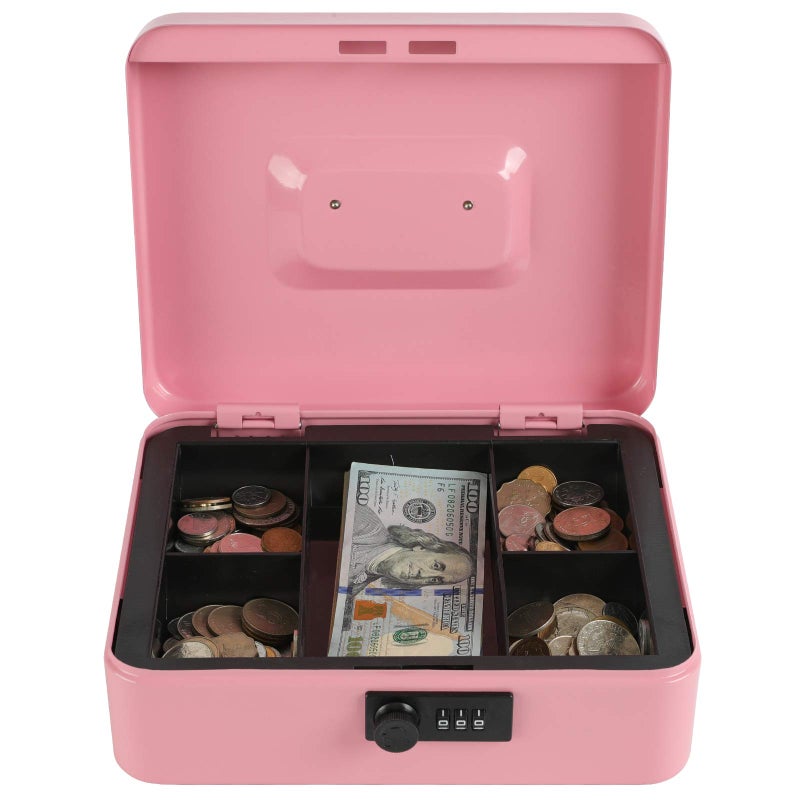 xydled Steel Cash Box Safe with Combination Lock,Money Safe Box with Removable Coin Tray,Large,9.84"x 7.87"x 3.54",Pink - Image 5