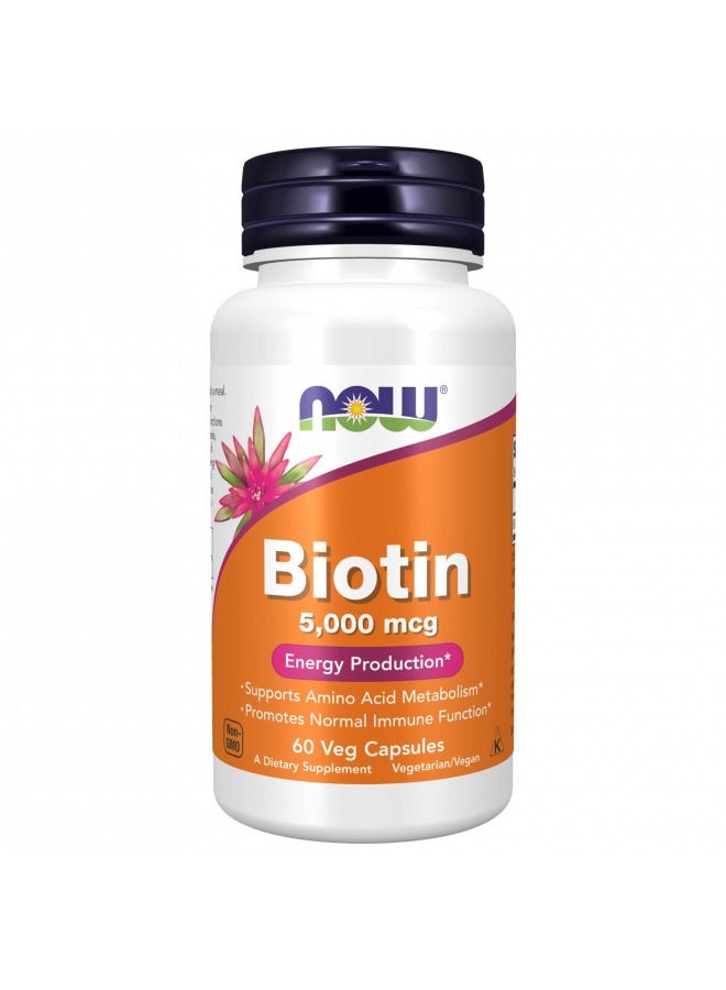 now Biotin 5,000 mcg, Amino Acid Metabolism, Energy Production, 60 Veg Capsules - Image 1