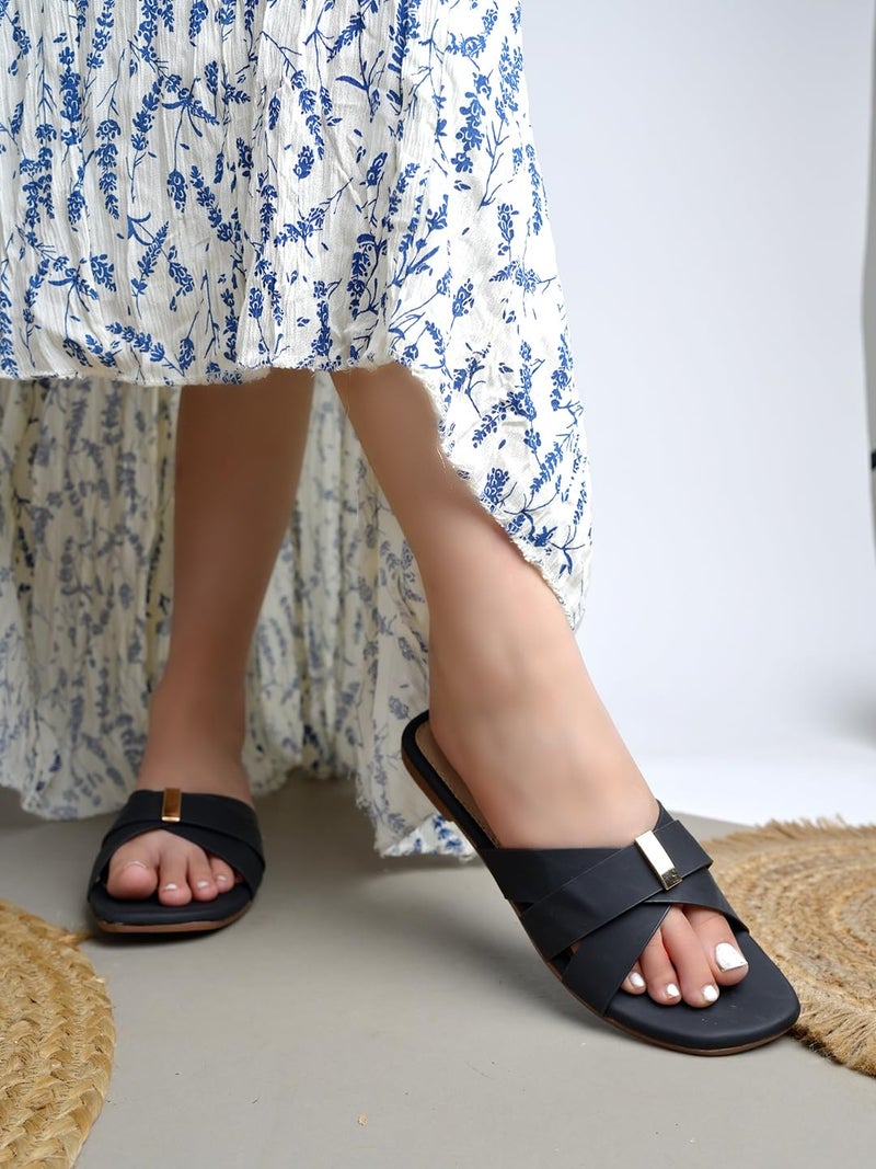 NZS Women's BlackStylish Flat Sandals | Comfortable for Casual, Party & Office Footwear-EU38 - Image 2