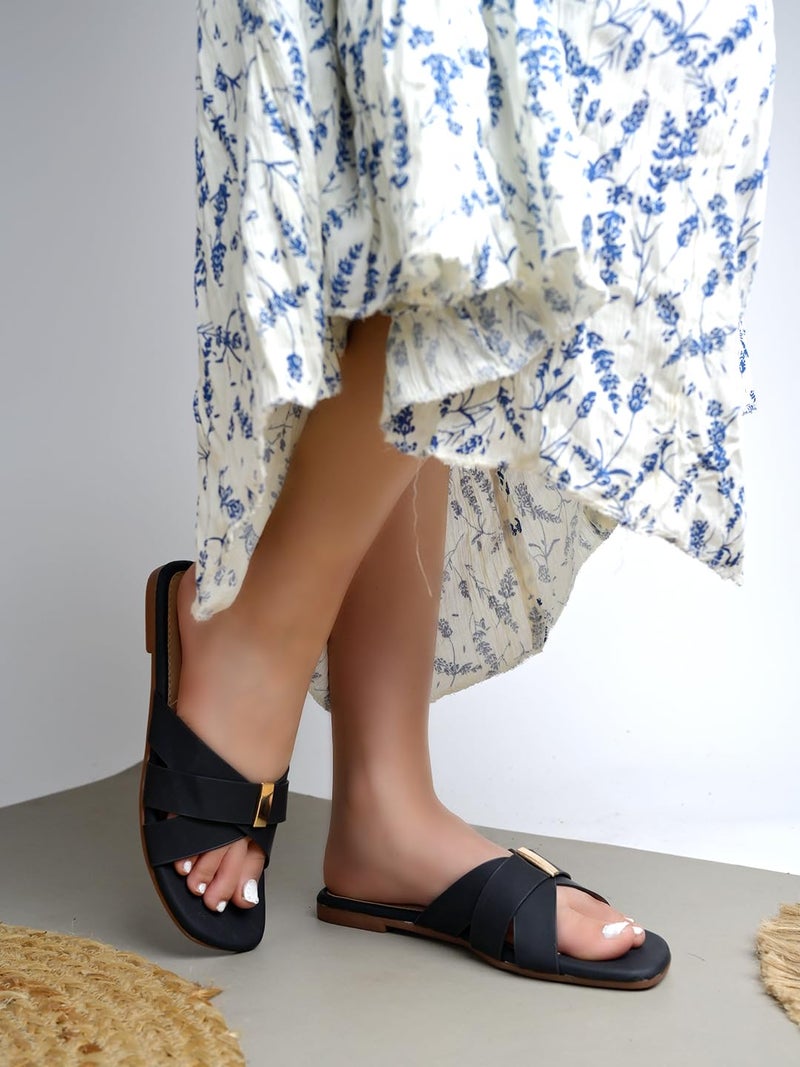 NZS Women's BlackStylish Flat Sandals | Comfortable for Casual, Party & Office Footwear-EU38 - Image 3