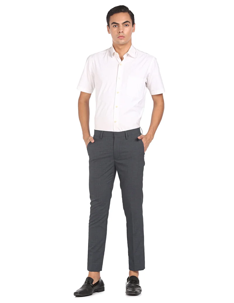 Arrow Grey Mid Rise Woven Check Formal Trousers for Men | Best Price UAE