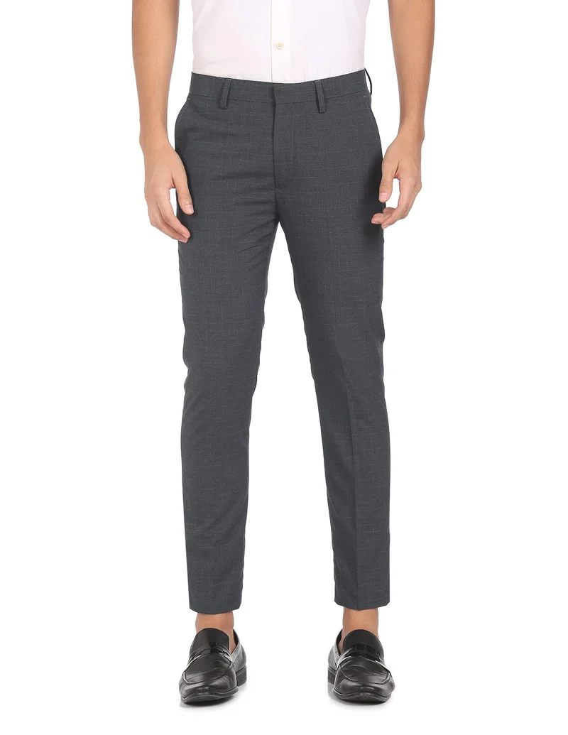 Arrow Grey Mid Rise Woven Check Formal Trousers for Men | Best Price UAE