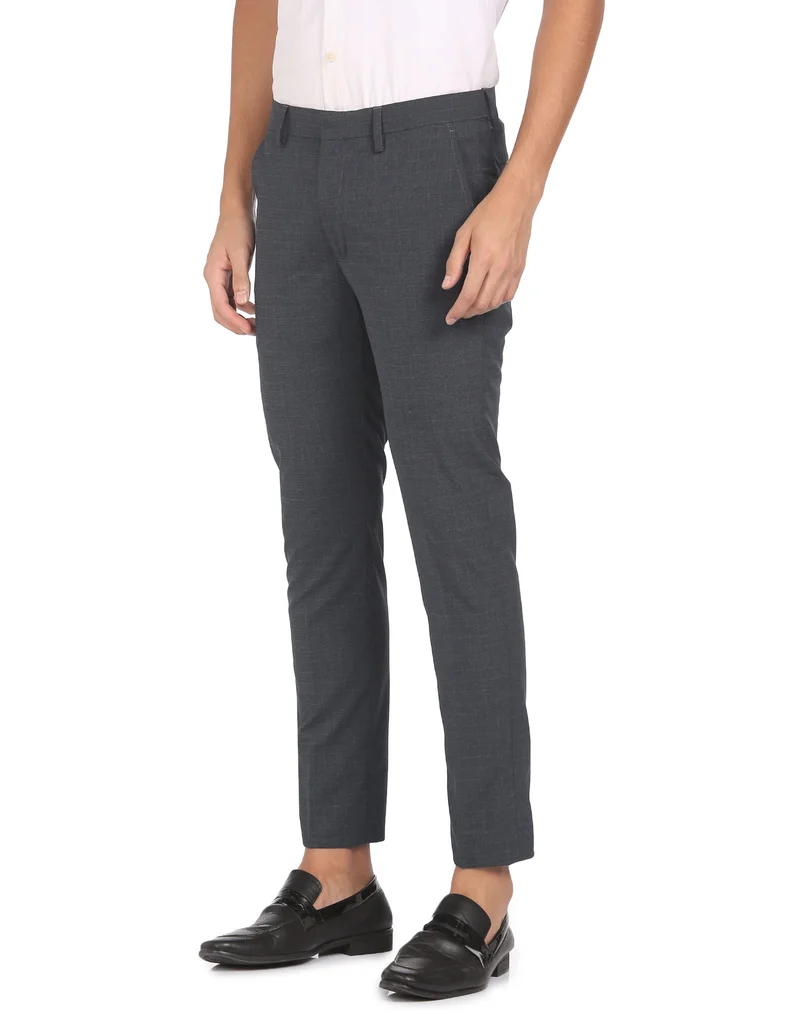 Arrow Grey Mid Rise Woven Check Formal Trousers for Men | Best Price UAE