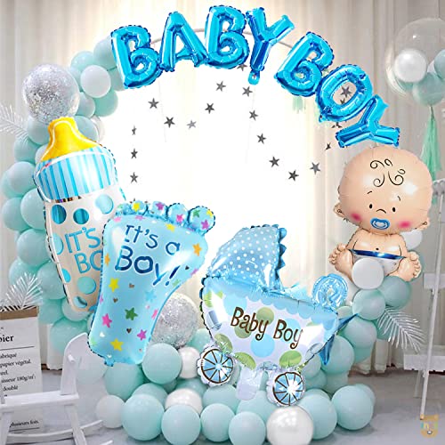 Just Party Set Of 61 Pcs -25 Blue & 25 White Pastel Balloons, 7 letter Baby Boy, 1 Baby Boy Prince, 1 Baby Boy Pram, 1 Baby Boy Foot, 1 Baby Boy Bottle Balloon For New Born Baby Theme Decoration - Image 1