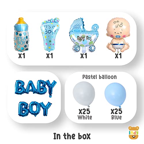 Just Party Set Of 61 Pcs -25 Blue & 25 White Pastel Balloons, 7 letter Baby Boy, 1 Baby Boy Prince, 1 Baby Boy Pram, 1 Baby Boy Foot, 1 Baby Boy Bottle Balloon For New Born Baby Theme Decoration - Image 3