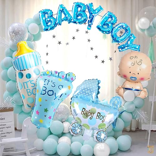 Just Party Set Of 61 Pcs -25 Blue & 25 White Pastel Balloons, 7 letter Baby Boy, 1 Baby Boy Prince, 1 Baby Boy Pram, 1 Baby Boy Foot, 1 Baby Boy Bottle Balloon For New Born Baby Theme Decoration - Image 2