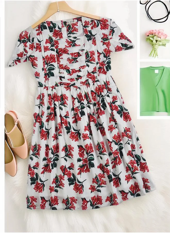 BELLA MODA All-Over Floral Print Square Neck Fit and Flare Dress