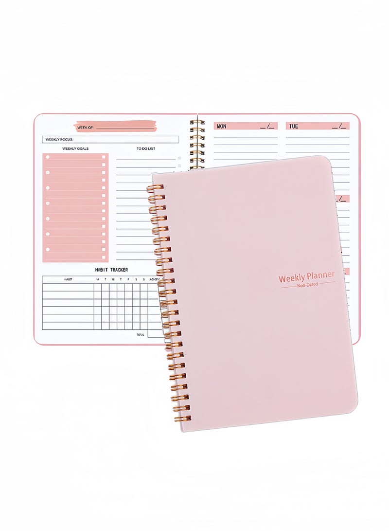 [عبوة من قطعتين] مخطط أسبوعي بدون تاريخ، دفتر أهداف أسبوعي بحجم A5، مجلة تعقب العادات، مخطط قائمة المهام، مخطط الأهداف، (وردي) - Image 1