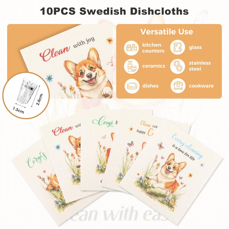 wlich 10PCS Swedish Dishcloths for Kitchen, Reusable Dish Rags for Washing Dishes with Clips, Non-Scratch Kitchen Towels and Dishcloths Sets, Washable Swedish Dish Cloths, No Odor(Dog) - Image 4