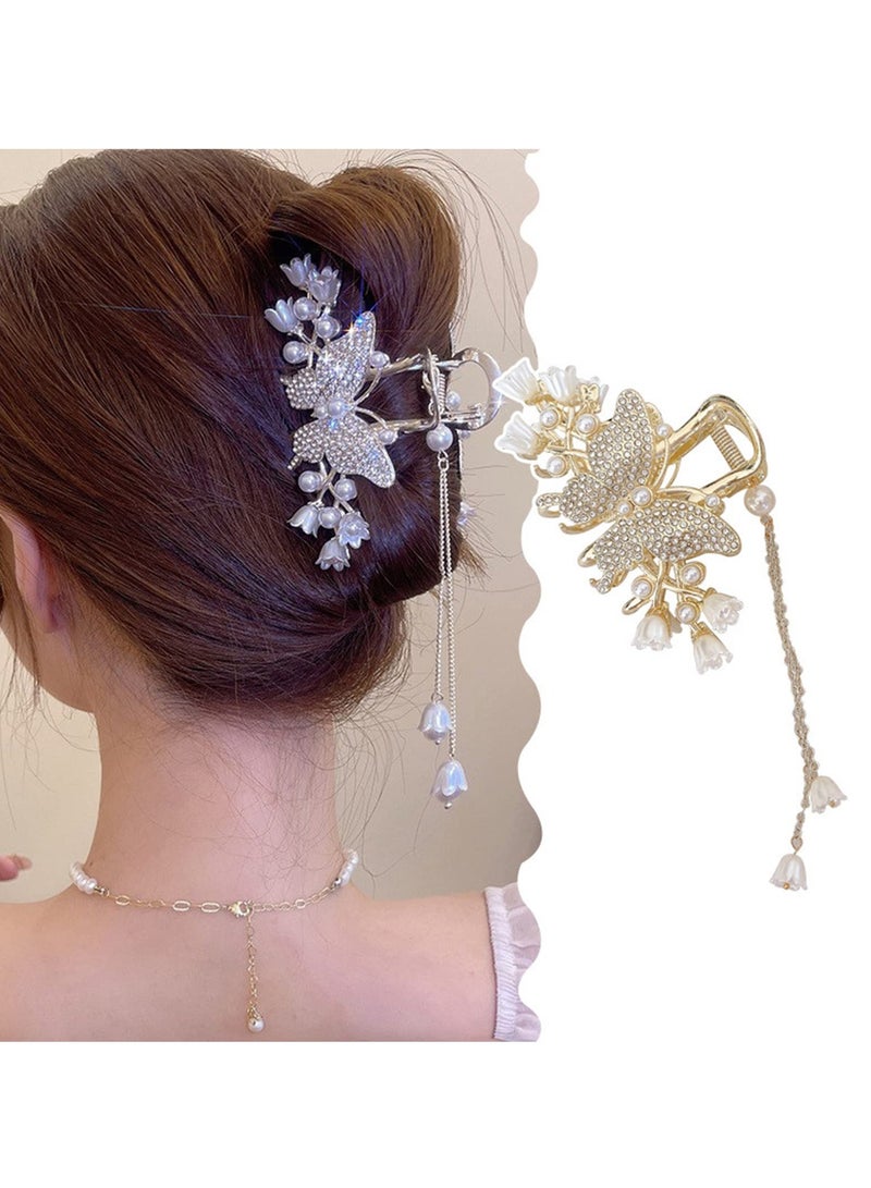 SYOSI 1Pcs Butterfly Hair Clip, Tassel Metal Hair Claw Clips, with Rhinestones, Bell Orchids Pearl Tassel Gold Fashion Nonslip Hair Clips for Thick Thin Long Hair Women Girls Styling Tools Hair Accessories - Image 1