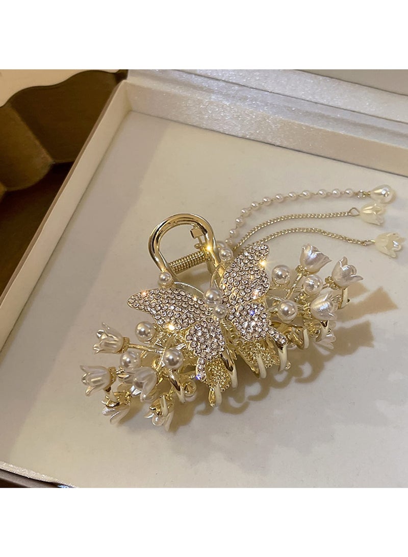 SYOSI 1Pcs Butterfly Hair Clip, Tassel Metal Hair Claw Clips, with Rhinestones, Bell Orchids Pearl Tassel Gold Fashion Nonslip Hair Clips for Thick Thin Long Hair Women Girls Styling Tools Hair Accessories - Image 3
