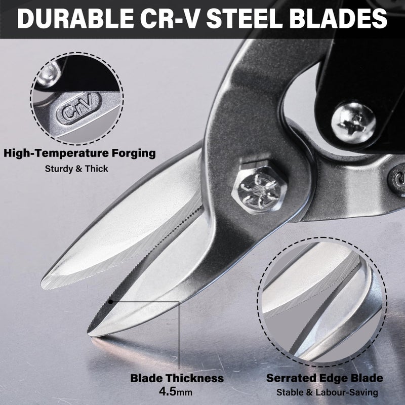 HAUTMEC 3-Piece Aviation Tin Snips for Cutting Metal Sheet, CR-V Steel Miter Shears for Straight, Left & Right Cuts, 10 Inch Heavy-Duty Sheet Metal Cutters with Safety Lock & Ergonomic Grip - HT0068 - Image 3