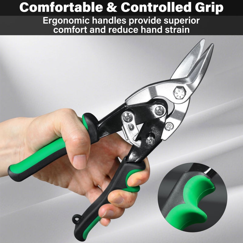 HAUTMEC 3-Piece Aviation Tin Snips for Cutting Metal Sheet, CR-V Steel Miter Shears for Straight, Left & Right Cuts, 10 Inch Heavy-Duty Sheet Metal Cutters with Safety Lock & Ergonomic Grip - HT0068 - Image 4