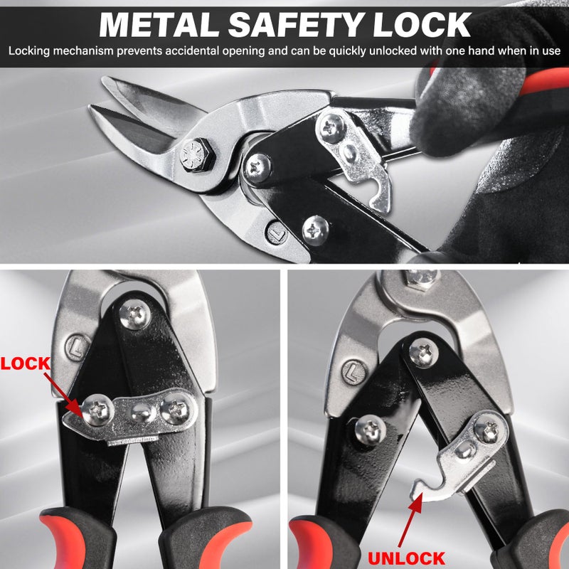 HAUTMEC 3-Piece Aviation Tin Snips for Cutting Metal Sheet, CR-V Steel Miter Shears for Straight, Left & Right Cuts, 10 Inch Heavy-Duty Sheet Metal Cutters with Safety Lock & Ergonomic Grip - HT0068 - Image 5