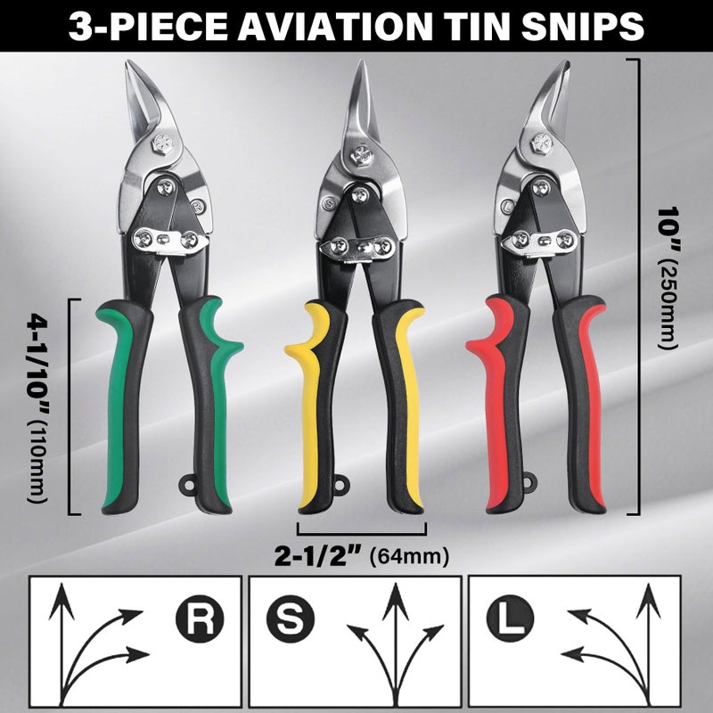 HAUTMEC 3-Piece Aviation Tin Snips for Cutting Metal Sheet, CR-V Steel Miter Shears for Straight, Left & Right Cuts, 10 Inch Heavy-Duty Sheet Metal Cutters with Safety Lock & Ergonomic Grip - HT0068 - Image 2