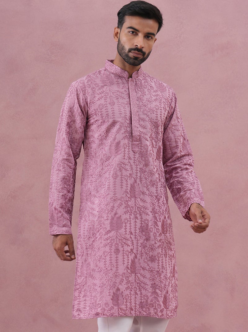 NOZ2TOZ Lavender Ethnic Embroidered Kurta for Men - Image 4