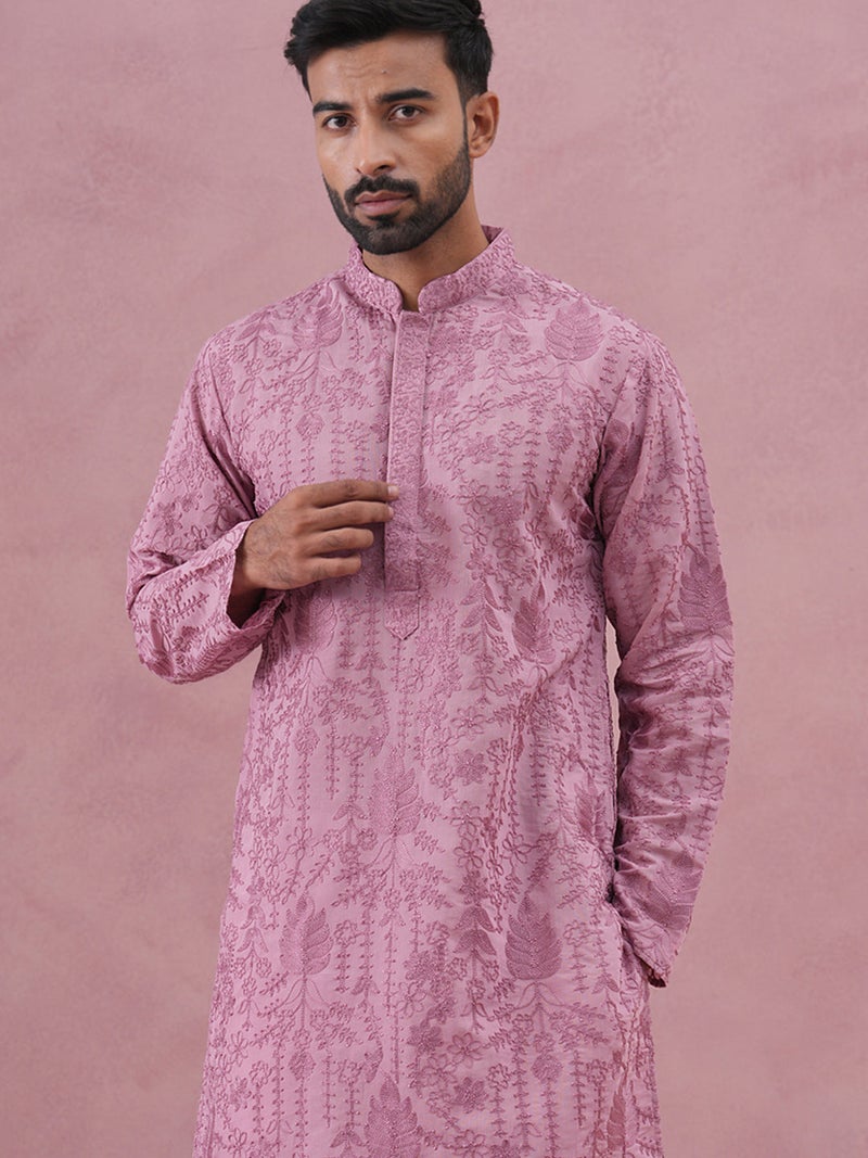 NOZ2TOZ Lavender Ethnic Embroidered Kurta for Men - Image 1