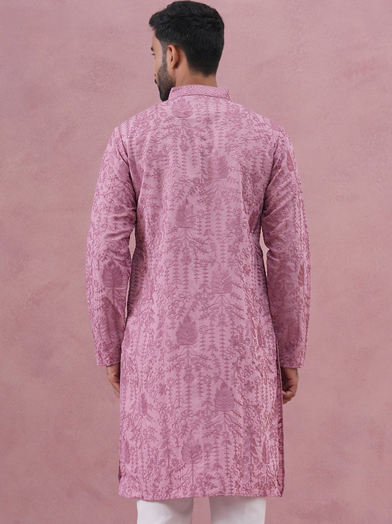 NOZ2TOZ Lavender Ethnic Embroidered Kurta for Men - Image 3