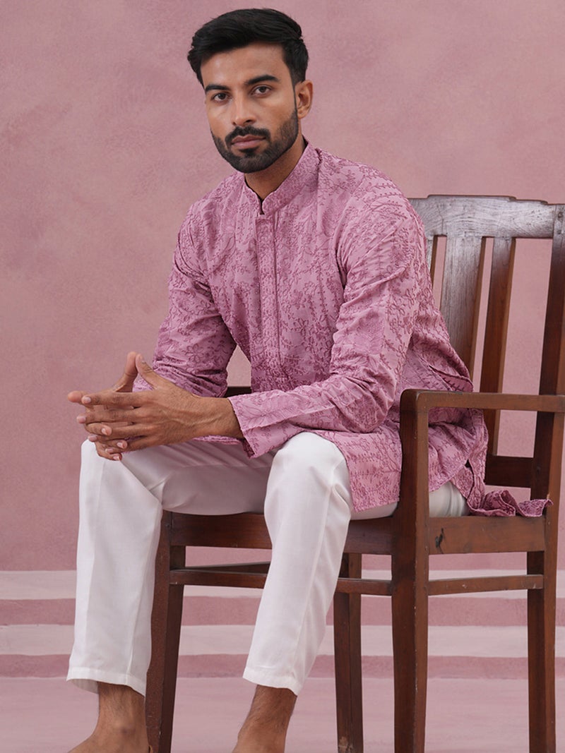 NOZ2TOZ Lavender Ethnic Embroidered Kurta for Men - Image 5
