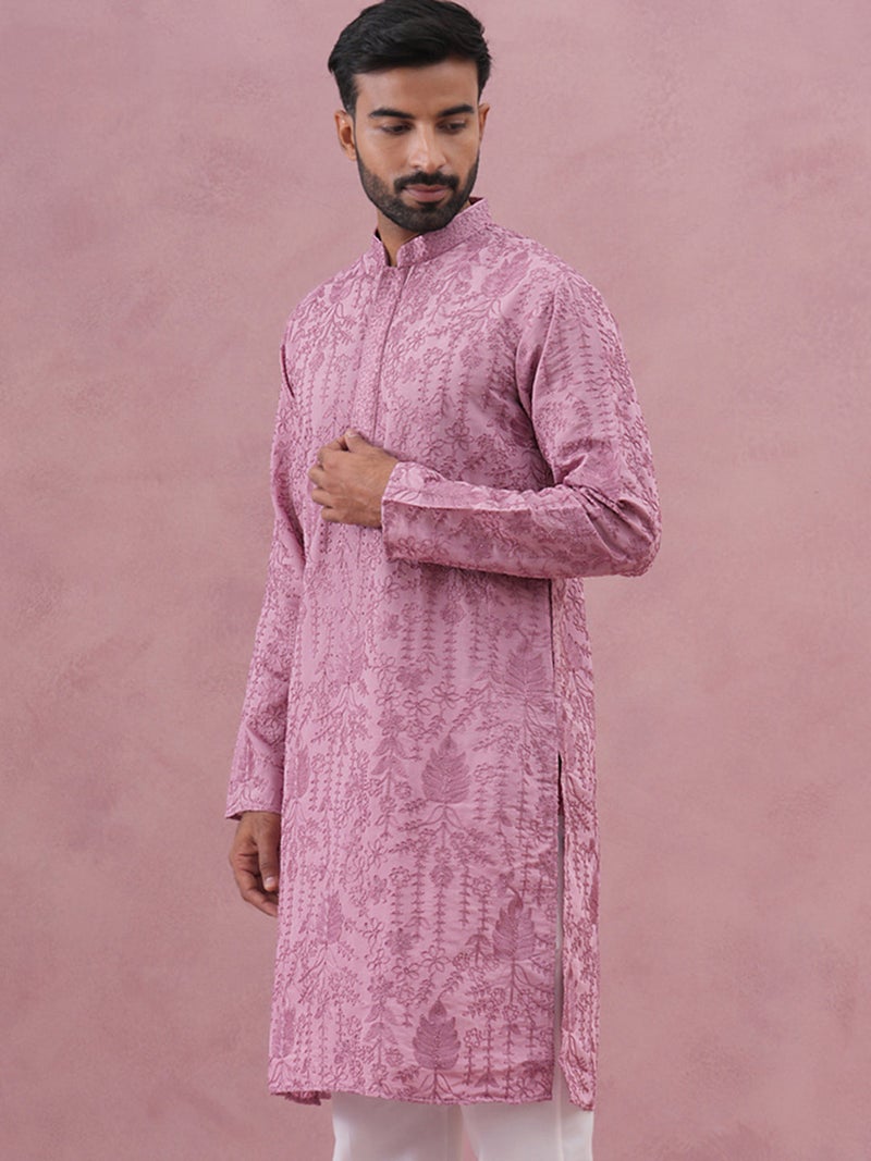 NOZ2TOZ Lavender Ethnic Embroidered Kurta for Men - Image 2