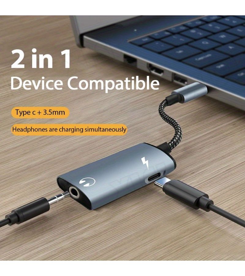 2 In 1 USB C Splitter Fast Adapter Compatible for Galaxy S23 S21 A54 iPhone 15 with Realtek DAC Hi Res Audio USB PD Charger and 3 5mm Headphone Jack Adapter Black Connector - Image 1