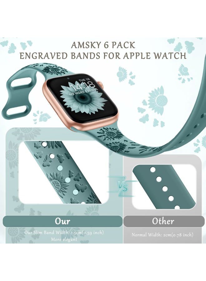 AMSKY 6 Pack Slim Floral Engraved Bands Compatible with Apple Watch Band 40mm 41mm 42mm 38mm 44mm 45mm 46mm 49mm for Women,Cute Silicone Sport Strap for iWatch Series 10 Ultra 9 8 7 6 5 4 3 2 1 SE - Image 3