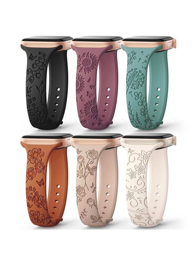 AMSKY 6 Pack Slim Floral Engraved Bands Compatible with Apple Watch Band 40mm 41mm 42mm 38mm 44mm 45mm 46mm 49mm for Women,Cute Silicone Sport Strap for iWatch Series 10 Ultra 9 8 7 6 5 4 3 2 1 SE - Image 1