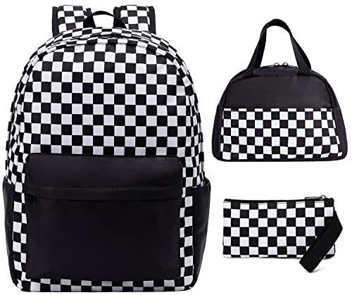 UREYMX 3Pcs Checkered Backpack Sets with Lunch Box and Pencil Case School Backpack Boys Girls Backpacks for Kids Large Capacity Waterproof Lightweight Backpack Black - Image 1
