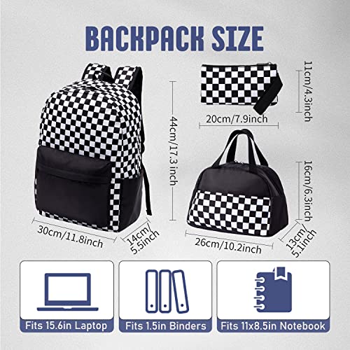 UREYMX 3Pcs Checkered Backpack Sets with Lunch Box and Pencil Case School Backpack Boys Girls Backpacks for Kids Large Capacity Waterproof Lightweight Backpack Black - Image 3