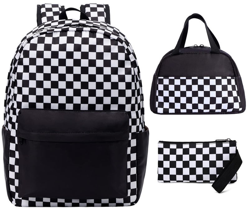 UREYMX 3Pcs Checkered Backpack Sets with Lunch Box and Pencil Case School Backpack Boys Girls Backpacks for Kids Large Capacity Waterproof Lightweight Backpack Black - Image 2