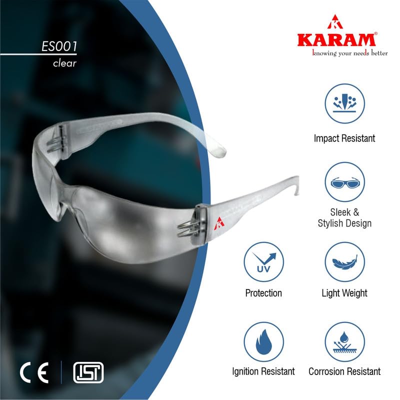 Karam ES001 Safety Goggles with Clear Lens | Lightweight, Scratch & Impact Resistant | Safety Glasses for Multipurpose Use for Pollution, Dust, Riding & Construction Work - Image 5