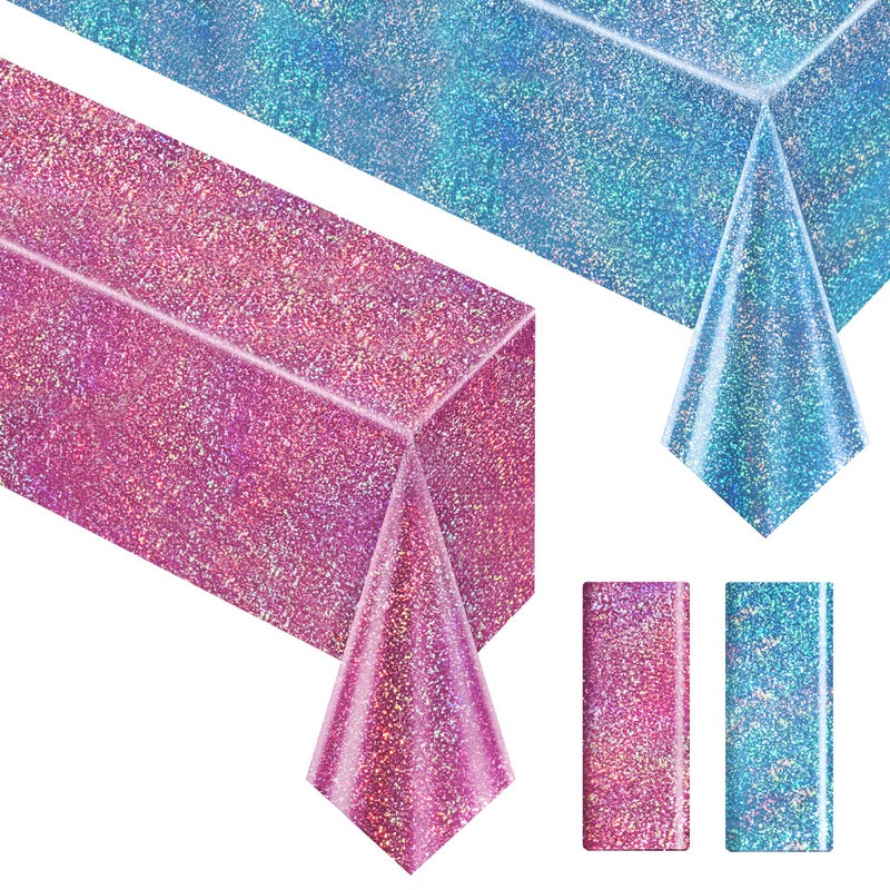Just Shimmer Sparkling Holographic Laser Tablecloth - Shimmering, Waterproof, Easy to Clean - Ideal for Bachelorette, Birthday, Wedding, and Anniversary Party Decorations (Pink & Light Blue, 2) - Image 1