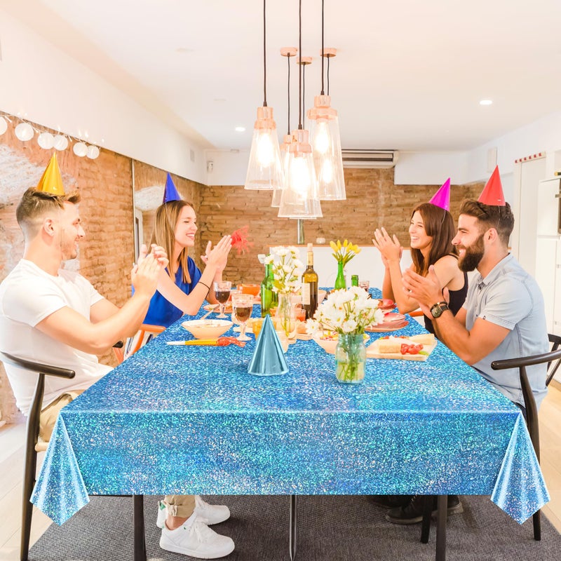 Just Shimmer Sparkling Holographic Laser Tablecloth - Shimmering, Waterproof, Easy to Clean - Ideal for Bachelorette, Birthday, Wedding, and Anniversary Party Decorations (Pink & Light Blue, 2) - Image 3