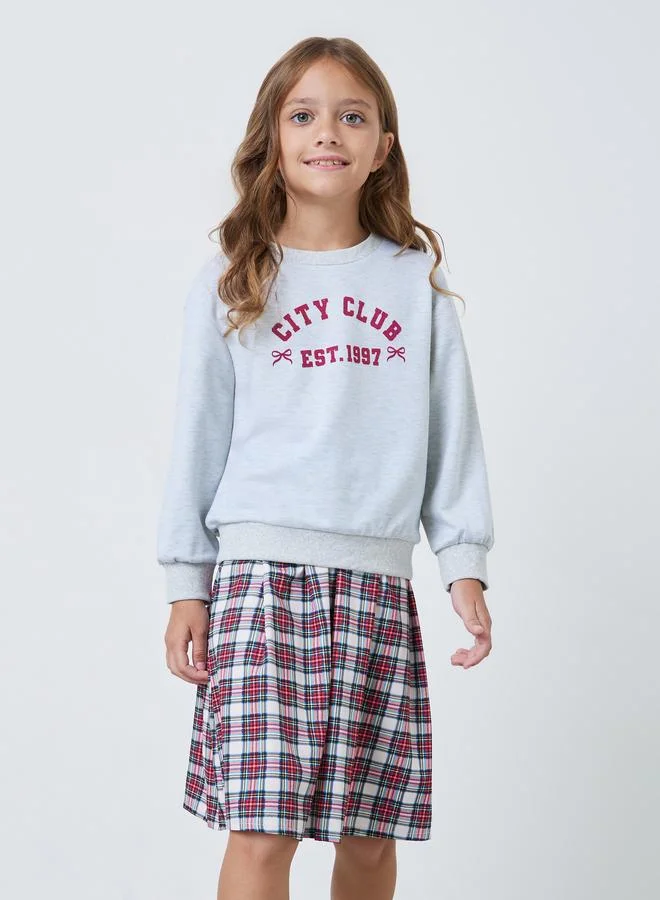 Styli Girls Grey Graphic Sweatshirt and Plaid Skirt Set
