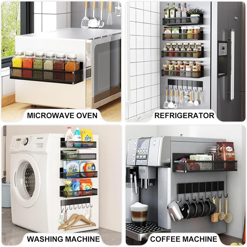 كويزيرا Magnetic Spice Rack Set – 5 Pack Moveable Magnetic Shelves with 10-Hook Rack