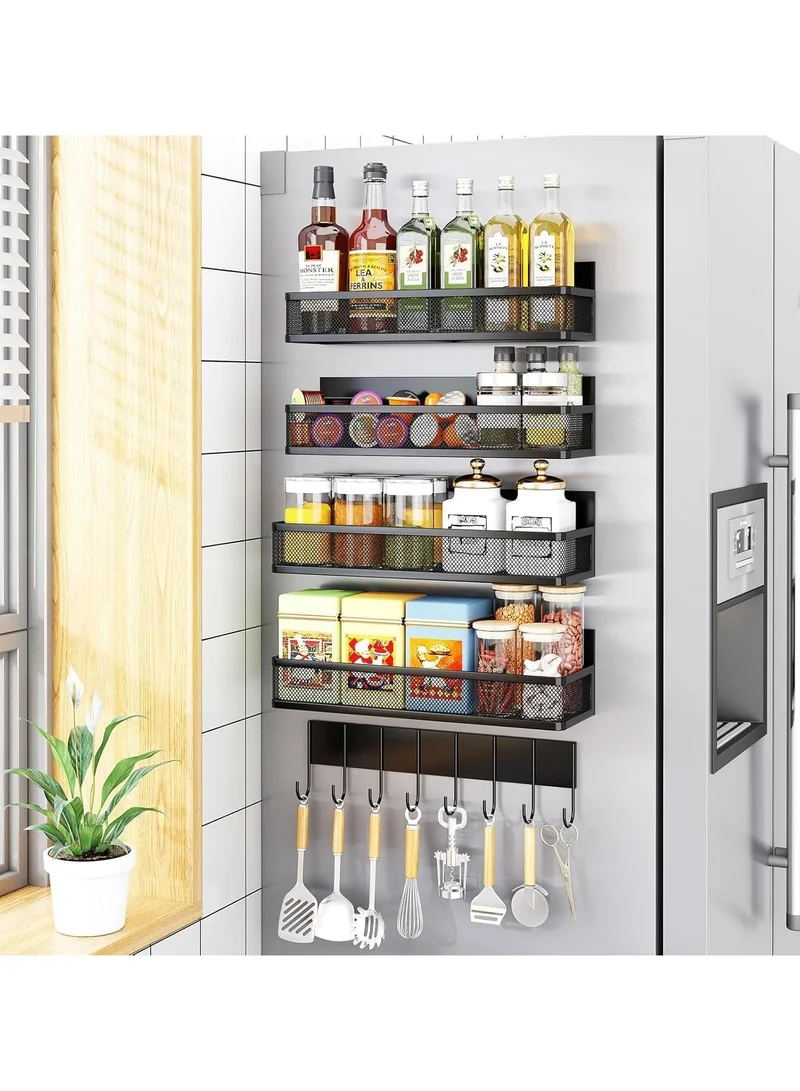 QUESERA Magnetic Spice Rack Set – 5 Pack Moveable Magnetic Shelves with 10-Hook Rack