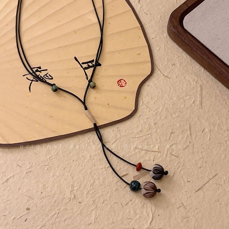 Retro Ceramic Pine Nut Necklace for Women Lotus carved bodhi beads 