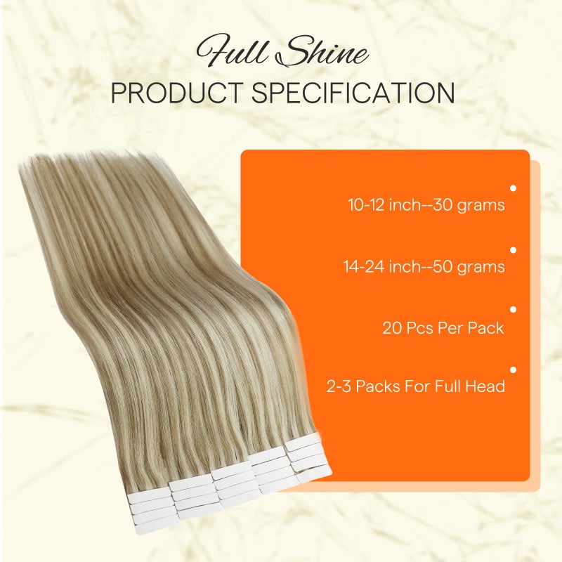 Fshine Full Shine Hair Extensions Tape ins Real Human Hair Color 16 Light Golden Blonde Highlighted 22 Blonde Human Hair 14 Inch 20Pieces 50Grams Natural Hair Tape in Extensions Straight Hair - Image 3