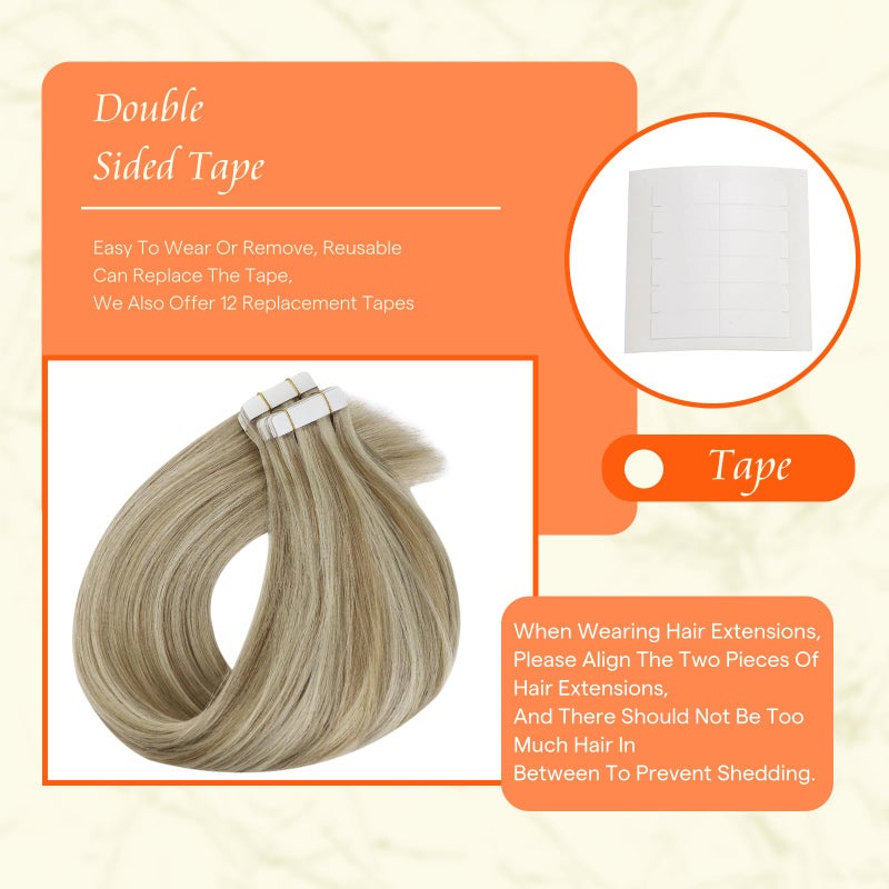Fshine Full Shine Hair Extensions Tape ins Real Human Hair Color 16 Light Golden Blonde Highlighted 22 Blonde Human Hair 14 Inch 20Pieces 50Grams Natural Hair Tape in Extensions Straight Hair - Image 4
