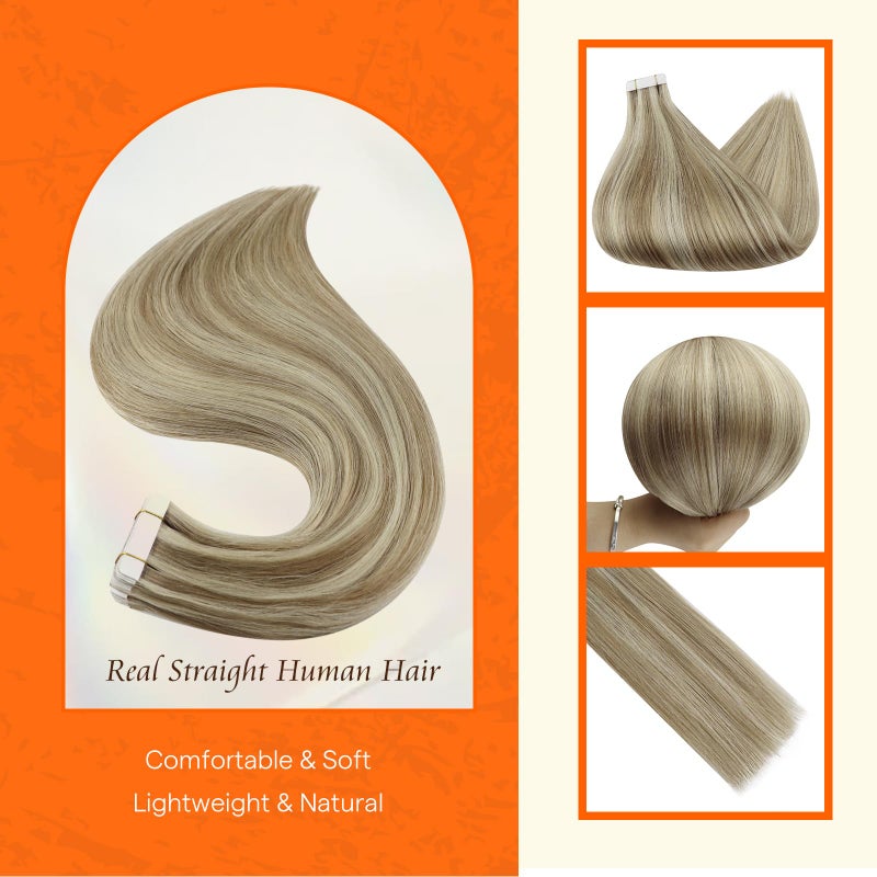 Fshine Full Shine Hair Extensions Tape ins Real Human Hair Color 16 Light Golden Blonde Highlighted 22 Blonde Human Hair 14 Inch 20Pieces 50Grams Natural Hair Tape in Extensions Straight Hair - Image 2