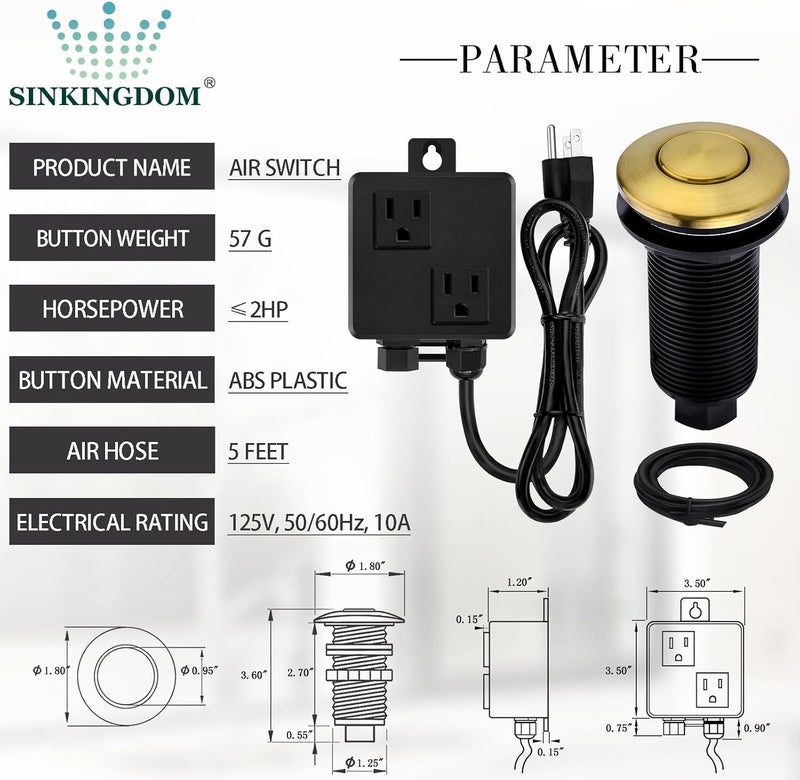SINKINGDOM SinkTop Garbage Disposal Air Switch Kit with Long Button, Champagne Bronze (Brass Cover) - Image 2
