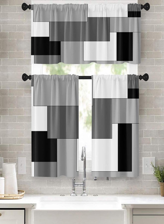Tayney Black White Gray Kitchen Window Curtains Valance and Tier Set 36 Inch, Dark Grey Modern Geometric Rod Pocket Short Tier Curtain for Bathroom, Small Cafe Drapes for Kitchen Decor - Image 1