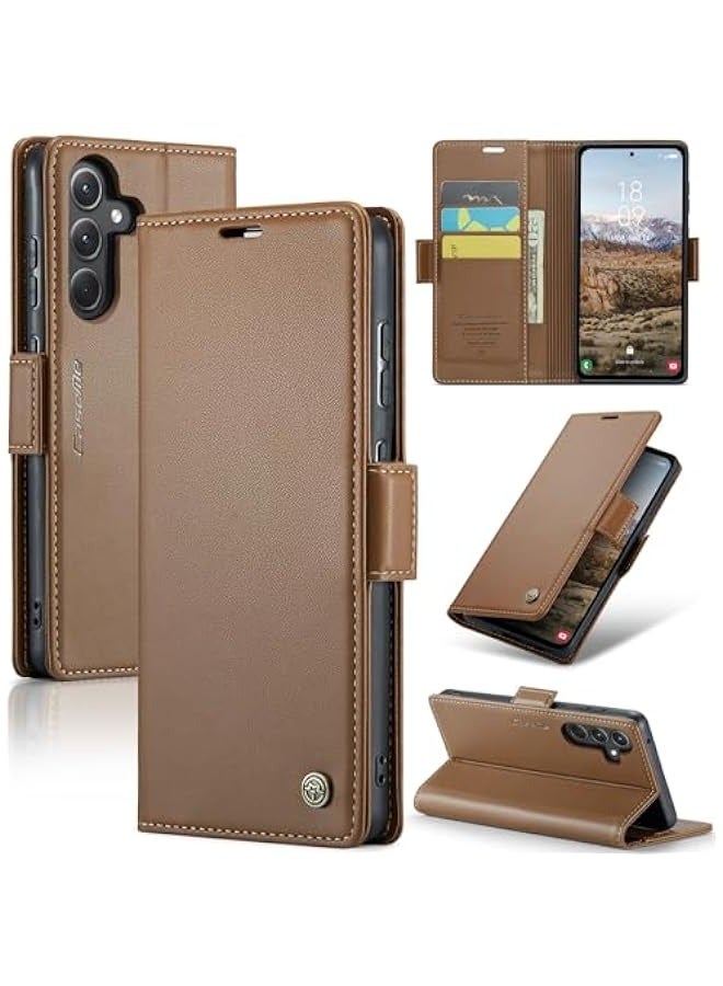 Samsung Galaxy A35 5G Wallet Case - RFID Blocking, Magnetic Closure, PU Leather, Card Holder, Kickstand, Shockproof (Brown) - Image 1