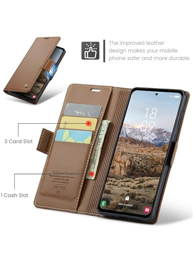 Samsung Galaxy A35 5G Wallet Case - RFID Blocking, Magnetic Closure, PU Leather, Card Holder, Kickstand, Shockproof (Brown) - Image 3